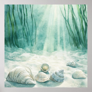 Poster Arte em Tela Verde Espuma do Mar Concha Marinha