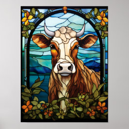 Poster Arte em Vidro Pintado de Vaca Floral Moldura Retra