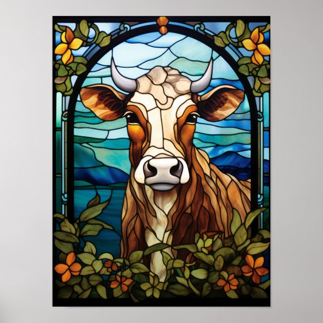 Poster Arte em Vidro Pintado de Vaca Floral Moldura Retra (Frente)