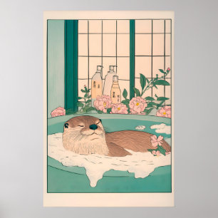 Poster Arte engraçada da lontra impressão, Ukiyo-e Banhei