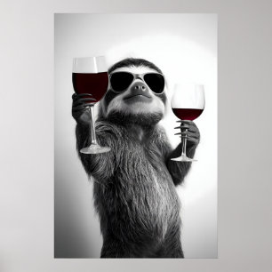 Poster Arte engraçada de preguiça bebendo vinho para Home