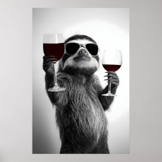 Poster Arte engraçada de preguiça bebendo vinho para Home