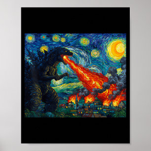 Poster Arte Engraçado Monstro Japonês Kaiju Em Van Gogh S