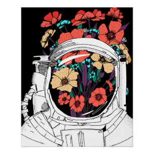 Póster Arte espacial floral de astronauta