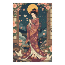 Arte Estético de Garota Anime Kimono Japonesa Vint