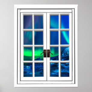 Póster Arte falsificada da janela da aurora boreal de