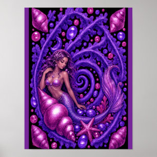 Poster Arte Fantasia de Sereia Roxa Mística   Oceano Mági