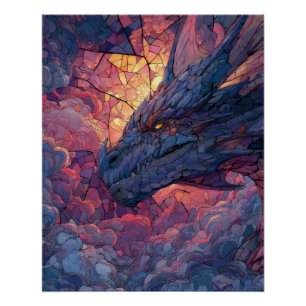 Póster Arte Fantasia do Dragão Cósmico Crepuscular Fogo
