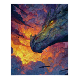 Póster Arte Fantasia do Dragão do Pôr do Sol com Olhar Do