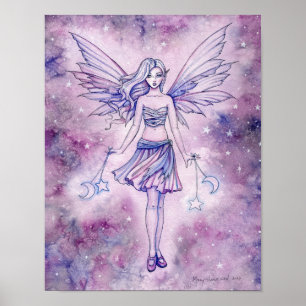 Poster Arte Fantasia Fada Azul Roxo Astralina Aquarela
