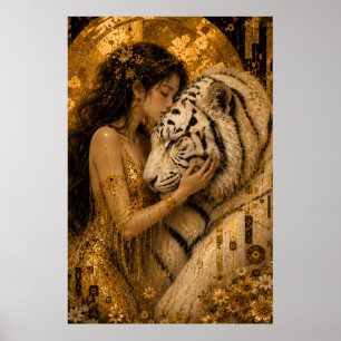 Poster Arte Fantasia Rainha Tigre Branca Dourada