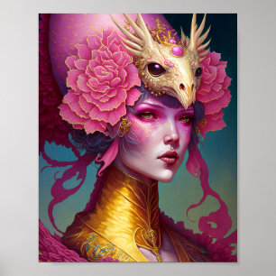 Poster Arte Fantástica de Mulher do Caveira Rosa Dragão
