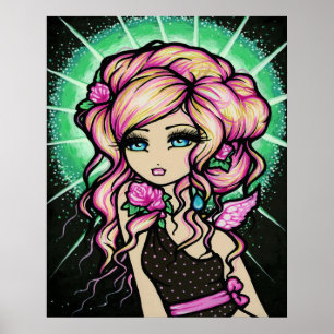 Póster Arte feericamente da fantasia do anjo cor-de-rosa