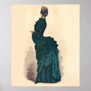 Póster Arte feminina do Vestido Victoriano Azul Elegante