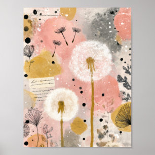 Poster Arte Floral Abstrata de Dente-de-Leão em Aquarela