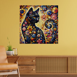 Poster Arte Floral Abstrato de Gato Negro