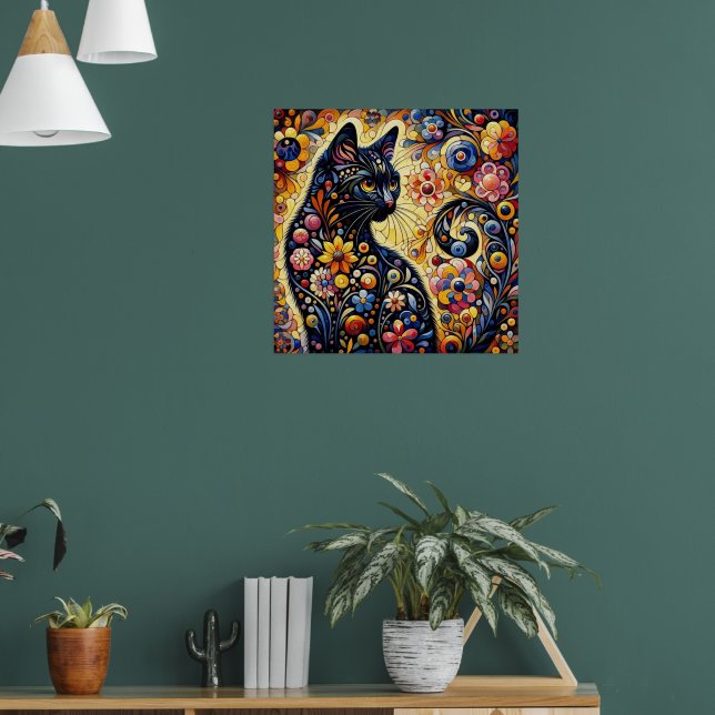 Poster Arte Floral Abstrato de Gato Negro (Sala de Estar 1)