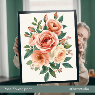 Poster Arte Floral Aquarela de Rosas Românticas em Rosa