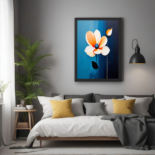 Póster Arte Floral Azul e Laranja Contemporânea