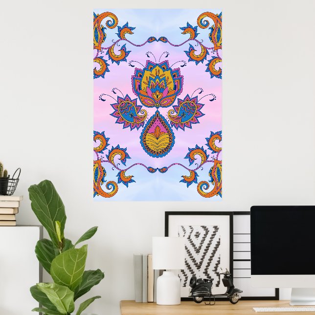 Poster Arte Floral Azul e Púrpura, Azul Mehndi (Escritório em casa)
