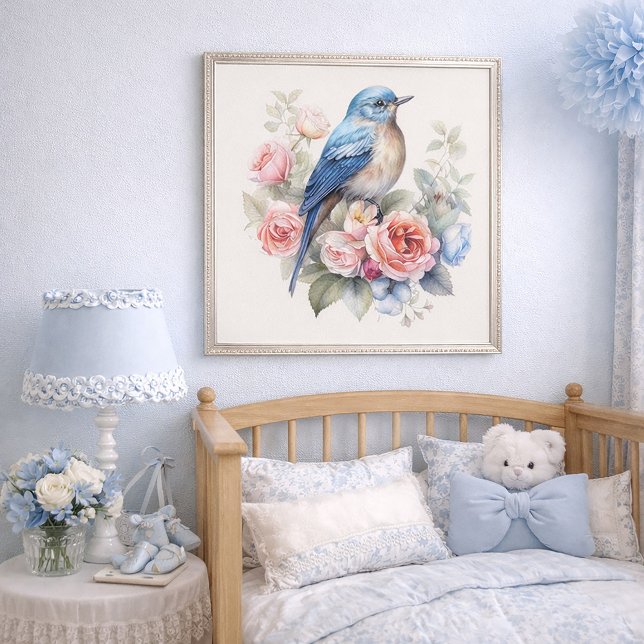 Poster Arte Floral Bluebird Decoração de Casa (Beautiful blue bird and pink roses wall art )