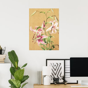 Poster Arte Floral Botânica de Lírio Oriental Rosa Vintag
