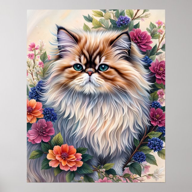 Poster Arte Floral Colorida de Gato Persa (Frente)