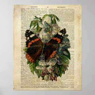 Poster Arte floral da borboleta na página do dicionário
