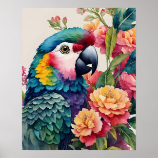 Poster Arte Floral de Aquarela de Papagaio Multicolor