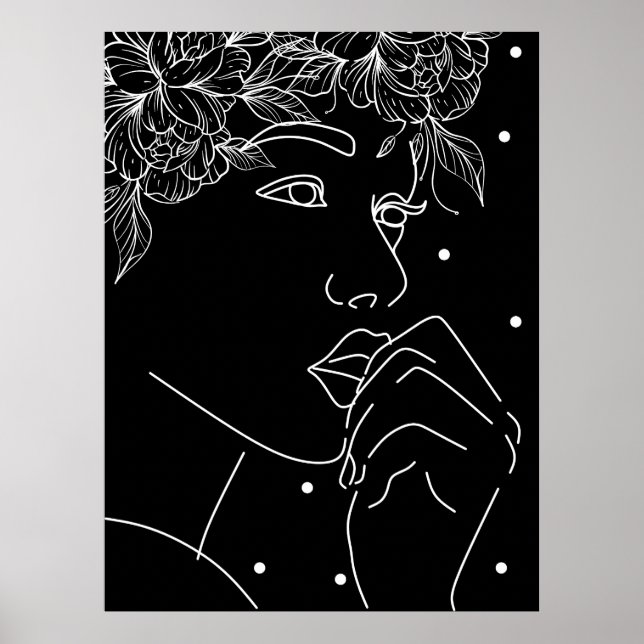 Poster Arte Floral de Beijo Branco e Preto (Frente)