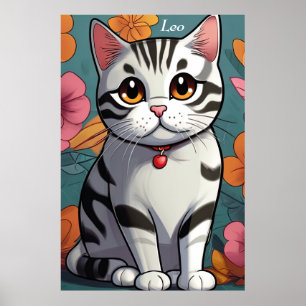 Poster Arte Floral de Gato de Ar Curto Americano Encantad
