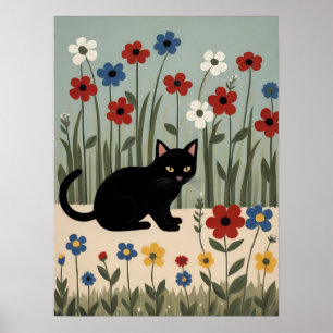 Poster Arte Floral de Gato Preto Adorno de Parede Botânic