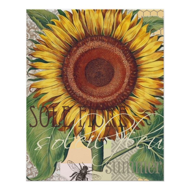 Póster Arte Floral de Girassol Vintage Damask (Frente)
