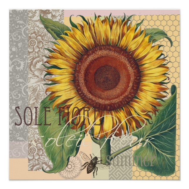 Póster Arte Floral de Girassol Vintage Damask (Frente)