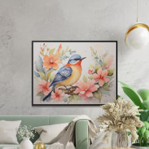Arte Floral de Pássaros em Aquarela Caprichosa