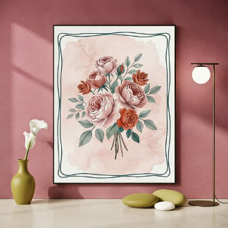 Poster Arte Floral de Rosas em Aquarela Vintage com Tons