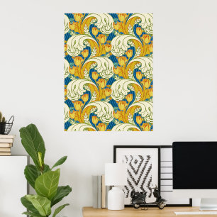 Poster Arte Floral de Tulipas em Teal e Dourado no Estilo