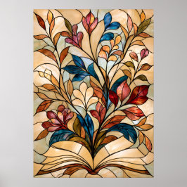 Poster Arte Floral de Vidro Manchado de Livro Aberto para
