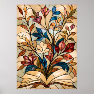 Poster Arte Floral de Vidro Manchado de Livro Aberto para