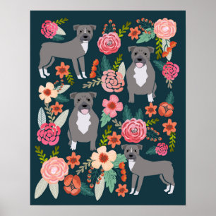 Póster Arte floral do cão de Pitbull Terrier
