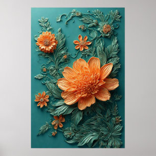 Poster Arte Floral Elegante com Flores Laranja