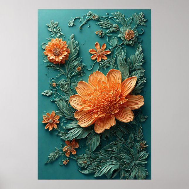 Poster Arte Floral Elegante com Flores Laranja (Frente)
