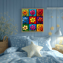 Poster Arte Floral em Grade Pop Colorida para Parede