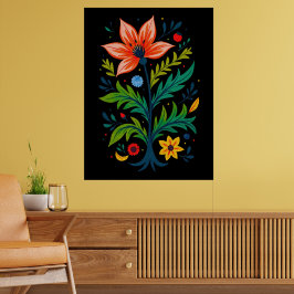 Poster Arte Floral Folclórica Vibrante Botânica Escura Si