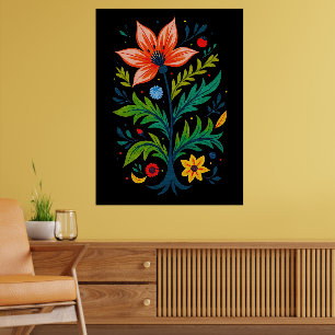 Poster Arte Floral Folclórica Vibrante Botânica Escura Si
