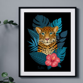 Poster Arte Floral na moda da Selva Leopard | Azul Marinh