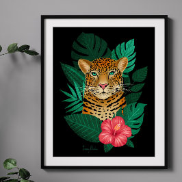 Poster Arte Floral na moda da Selva Leopard | Preto Verde