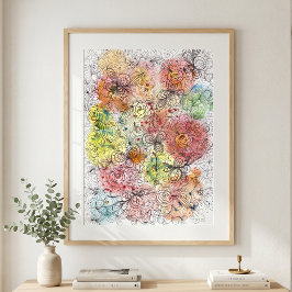 Poster Arte Floral Ombré Vibrante em Aquarela com Doodle