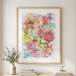 Poster Arte Floral Ombré Vibrante em Aquarela com Doodle