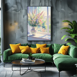 Poster Arte Floral Pontilhista com Vista de Jardim Ilumin